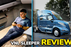 VNL semi-truck sleeper cab interior and blue truck exterior during review