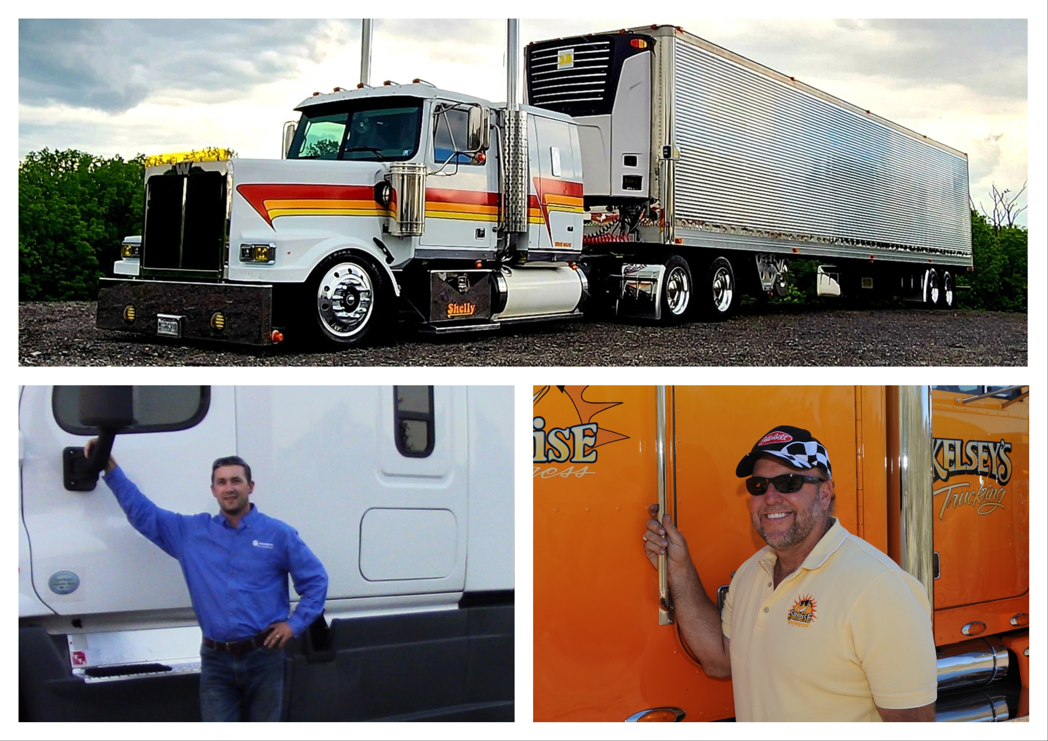 Clockwise from top, Overdrive's 2025 Trucker of the Year finalists, represented by the Western Star of Pennsylvania-headquartered Jason Shelly; Kelsey's Trucking independent Ron Kelsey, out of Arizona; and Orleans, Indiana-based John Penn.
