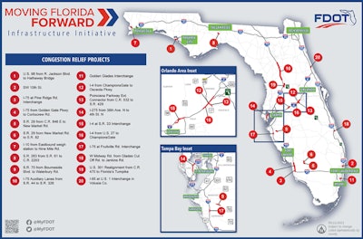 The Moving Florida Forward project map detailing some of the congestion-relief efforts, including improvements to interstate lanes and interchanges, state roads and more.