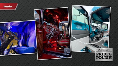 From left: Gary Mackay’s 1998 Peterbilt 379 EXHD; Kenny Ziglar’s “Scrapin’ By” 2007 Peterbilt 379; and John Treadway’s 1998 Peterbilt 379, “Teal Appeal.”