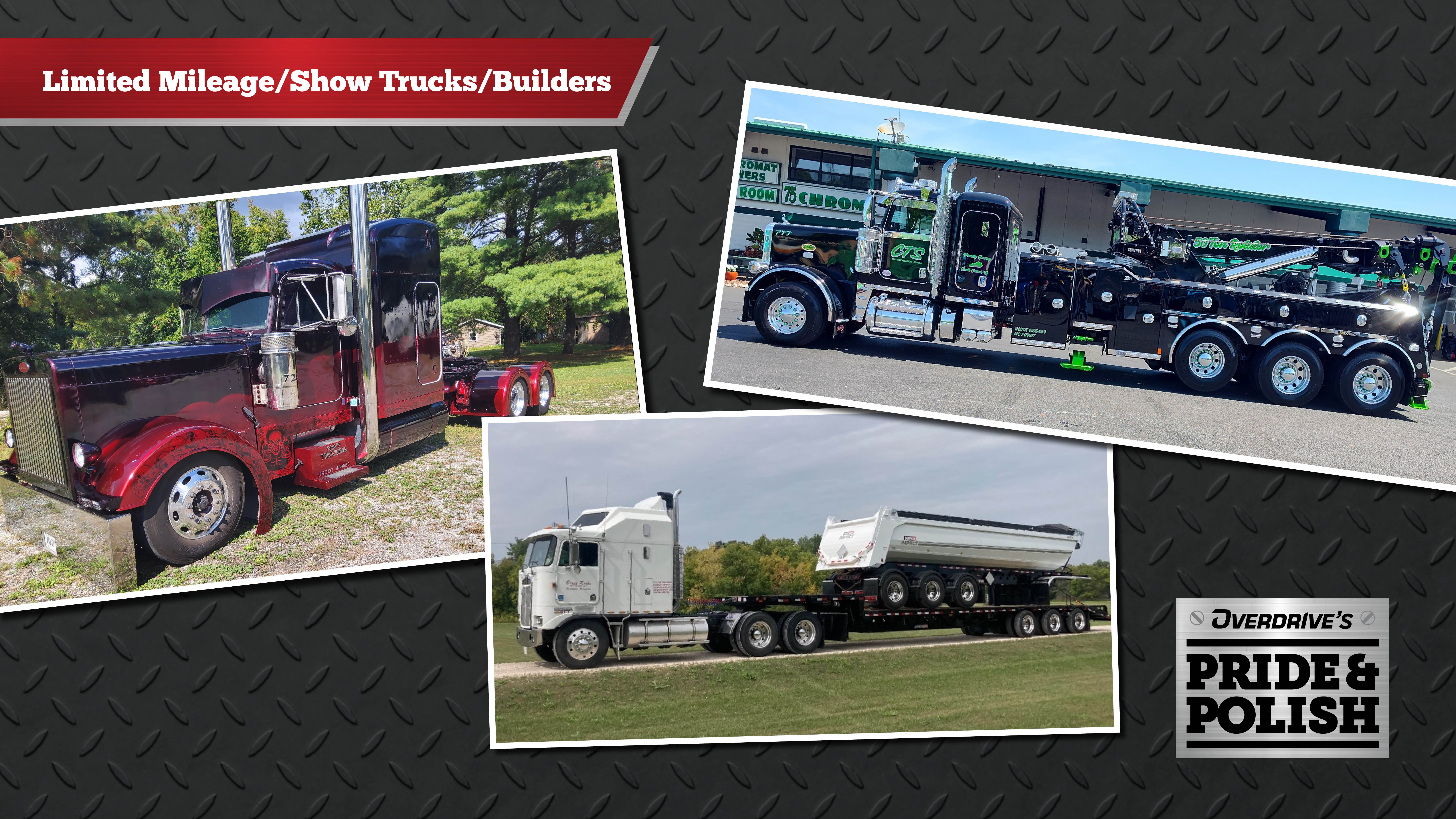 From left: Mike Maher&rsquo;s 1989 Peterbilt 379EXHD; Bruce Roche&rsquo;s 1991 Kenworth K100; and Clifton Parsley&rsquo;s &ldquo;Heavy Hook&rdquo; 2024 Peterbilt 389 tow truck.