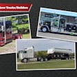 From left: Mike Maher’s 1989 Peterbilt 379EXHD; Bruce Roche’s 1991 Kenworth K100; and Clifton Parsley’s “Heavy Hook” 2024 Peterbilt 389 tow truck.
