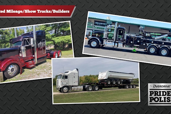 From left: Mike Maher’s 1989 Peterbilt 379EXHD; Bruce Roche’s 1991 Kenworth K100; and Clifton Parsley’s “Heavy Hook” 2024 Peterbilt 389 tow truck.