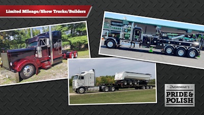 From left: Mike Maher’s 1989 Peterbilt 379EXHD; Bruce Roche’s 1991 Kenworth K100; and Clifton Parsley’s “Heavy Hook” 2024 Peterbilt 389 tow truck.