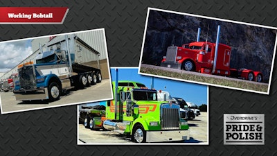 From left: Hunter Hubbard’s 2005 Kenworth W900B, “Smurfette;” Ronald Anselm’s 2024 Kenworth W900, “Dirty Money,” owned by Rob Hallahan; and Kenny Ziglar’s 2007 Peterbilt 379, “Scrapin’ By.”