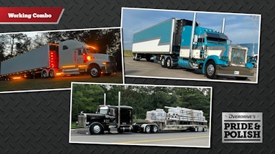 From left: Dustin Ross’ 2000 Sterling AT9522, “Stella,” and 2019 Utility van; Joe Petrizzo’s 2003 Peterbilt 379 and 2021 Mac stepdeck; and John Treadway’s “Teal Appeal” 1998 Peterbilt 379 and 2017 Great Dane reefer.
