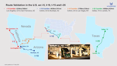 A map showcasing Windrose's U.S. route validation to date on the I-5, I-10, I-15 and I-35 corridors.