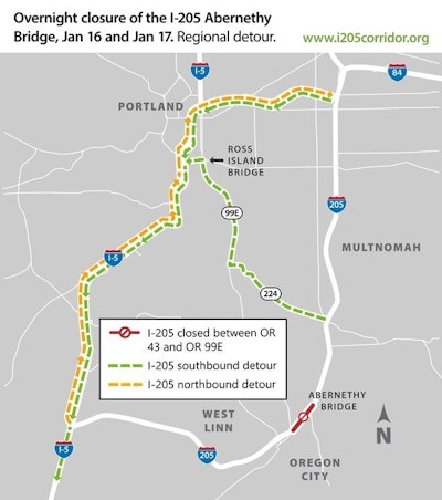 I-205 travelers will use detours on OR 224, OR 99E and I-5. The Oregon Department of Transportation urges drivers to follow the signs and plan extra time into trips.