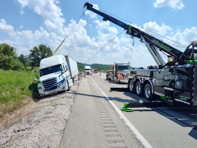Uprighting overturned trucks and using the rotator for operations often suited for a crane are typical jobs for 'Heavy Hook.'