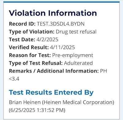 The MRO's violation is memorialized in the reported result, shown here in Hickey's profile entered in the Clearinghouse more than two months after the date of the verified result. Regulations require reporting of verified results within two business days. Heinen Medical MRO Services did not respond to Overdrive's repeated attempts to contact the company with questions about the case.