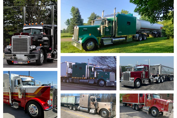 Collection of seven semi-trucks in different colors parked in various outdoor settings
