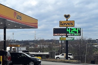 Tuesday at the Love's at I-65 on Trinity Lane in Nashville, the cash diesel price had already moved to $4.18/gal., credit another 6 cents higher. Down the street at a small service station you'd play hell getting a tractor-trailer into or out of, pricing remained in the $3.70/gal. range.