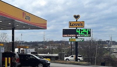 Tuesday at the Love's at I-65 on Trinity Lane the cash diesel price had already moved to $4.18/gal., credit another 6 cents higher. Down the street at a small service station you'd play hell getting a tractor-trailer into or out of, pricing remained in the $3.70/gal. range.