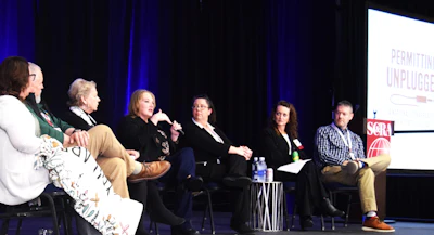 Pictured from right, Alex Jensen, Joanna Jungels and Brandi Thorpe, then the four other state reps: from Wyoming, Port of Entry Operations Manager Troy McAlpine with the Wyoming Highway Patrol; Louisiana Permit Office Manager Julie Gautreau with the state DOT; Oklahoma Deputy General Counsel Mitch Surrett, also with his state's DOT; and Indiana's Judy Williams, with the state's Department of Revenue.