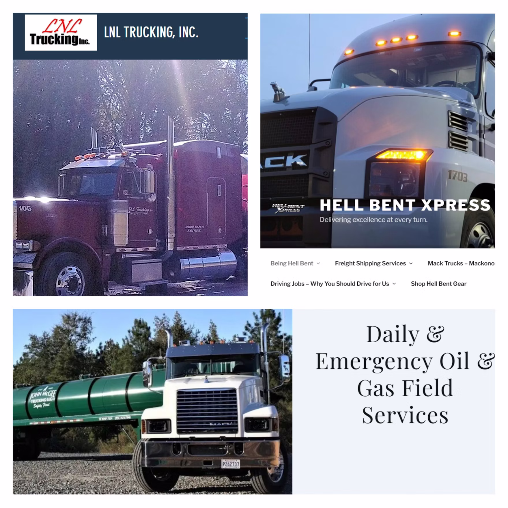 A key marketing piece for any trucking business is a central company website like these, from recent-history Overdrive Small Fleet Championship finalists (clockwise from top left) LNL Trucking, Hell Bent Xpress, and John McGee Trucking.
