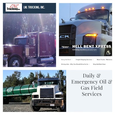 A key marketing piece for any trucking business is a central company website like these, from recent-history Overdrive Small Fleet Championship finalists (clockwise from top left) LNL Trucking, Hell Bent Xpress, and John McGee Trucking.