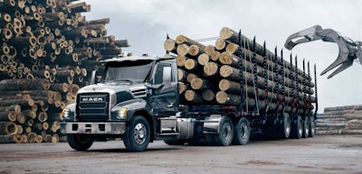 The Mack-supplied press photo of the Keystone in action shows the daycab version in a logging application. It will be available in both axle-forward and axle-back configurations, new for the manufacturer in this tractor class. It's also available with a 44- or 64-inch sleeper, offered in both axle positions. Rear axle configurations include 6x4, 8x4 and 8x6.