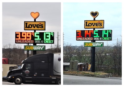 Greetings from Nashville, Tennessee. Four years and just a single penny separate these two shots, showing the advertised credit price at the Trinity Lane Love's at I-65 in town. The left shot was taken early March of 2022, the right this morning -- March 9, 2026.