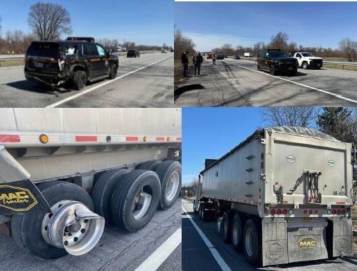 The tractor-trailer, registered to Longhorn Trucking Company of Fort Plain, New York, was moved to the Thruway Verona tandem lot for inspection by the Commercial Vehicle Enforcement Unit, where damage to the left trailer wheels and rims was identified. The patrol vehicle was towed off scene.