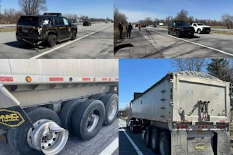 The tractor-trailer, registered to Longhorn Trucking Company of Fort Plain, New York, was moved to the Thruway Verona tandem lot for inspection by the Commercial Vehicle Enforcement Unit, where damage to the left trailer wheels and rims was identified. The patrol vehicle was towed off scene.