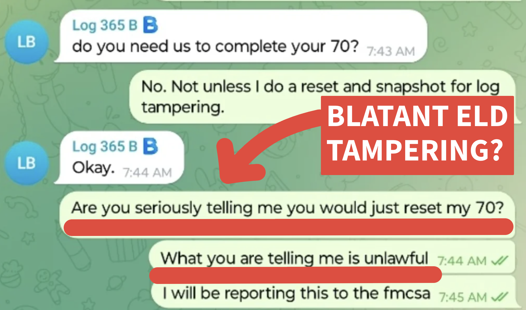 This screenshot conversation shown is one among several sworn declarations made by drivers in an Illinois state court case alleging ELD tampering by Chicago-based EMI.