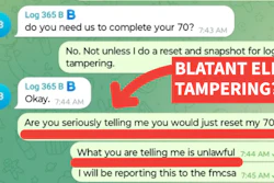This screenshot conversation shown is one among several sworn declarations made by drivers in an Illinois state court case alleging ELD tampering by Chicago-based EMI.