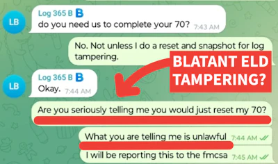 This screenshot conversation shown is one among several sworn declarations made by drivers in an Illinois state court case alleging ELD tampering by Chicago-based EMI.