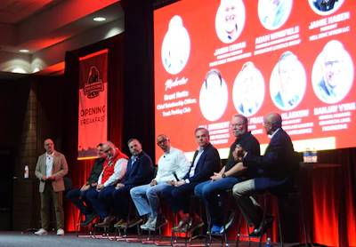 From left: Moderator Brent Hutto; Bill Driegert, Executive Vice President for DAT Carrier Products and Convoy Platform; Jason Cowan; Dale Prax; Innovative Logistics Group Founder Adam Wingfield; Lee Klaskow, Senior Analyst for Bloomberg Intelligence; Jamie Hagen, Owner and President of Hell Bent Xpress; and Sanjay Vyas, General Manager for Commercial Lines Product & Pricing at Progressive.