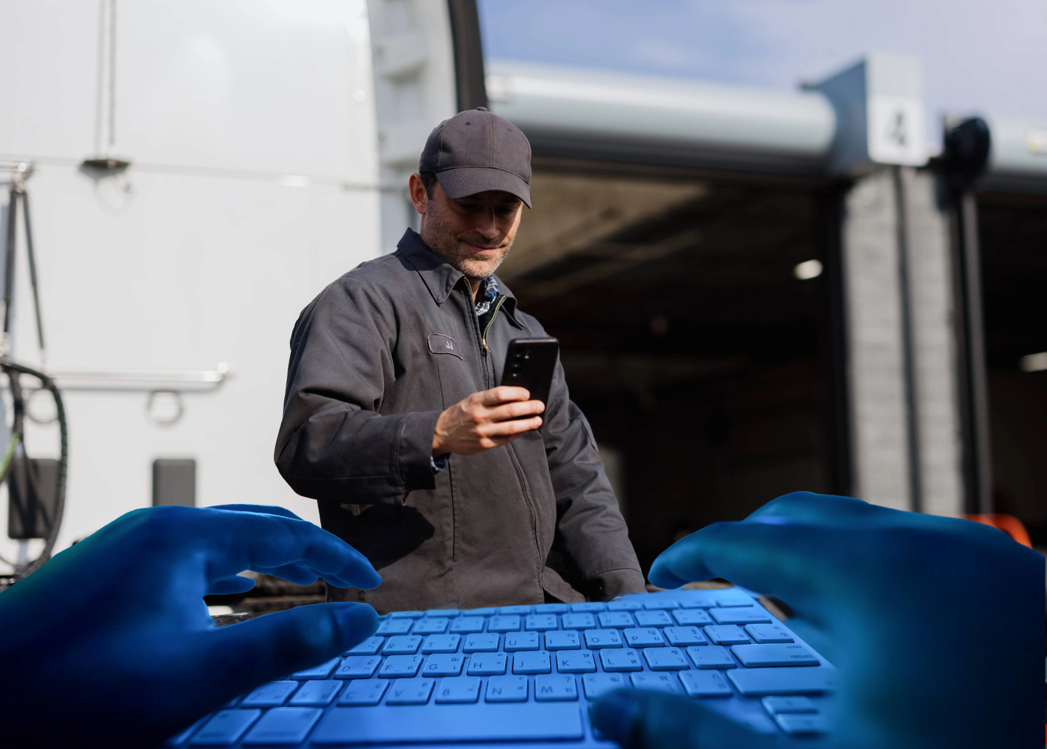 Hacker Gloves On Keyboard Id Fraud Trucker Reading Phone