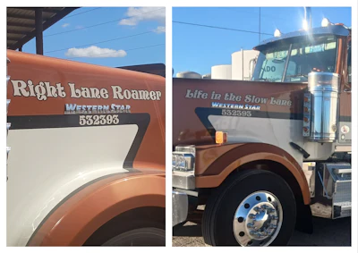 'I’m still a 60 mph driver,' Hosty said, as evidenced in insignia on both sides of the hood of his Western Star shown here. When he started to see the diesel-price signs pass $4 and $5/gal. with the rest of us in March, he half expected more company in the slow lane, as it were. So many of his fellow truckers still 'just blow by me like it’s nothing.' Cruise speed remains, he knows, one fuel-saving factor any driver has complete control over. It used to 'make a difference that fuel’s $5.50/gal.,' he added, but no more it seems. 'Everybody drives the same.'