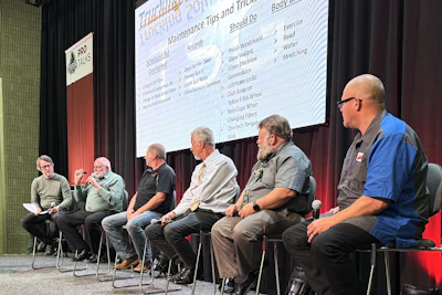 Owner-operator Joel Boelman of the Trucking Solutions Group emphasized overlooked-maintenance items as part of a panel discussion at the 2026 Mid-America Trucking Show. Flanking Boelman, other TSG member owner-operators, from right: Hec Hiltabrand, Mark Heggestad, Henry Albert, and Shane Rizzuto. Overdrive's Todd Dills, to Boelman's left, helped moderate.