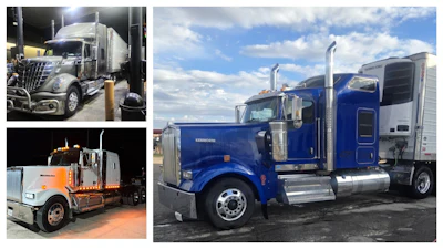 Picture are (right) the 2023 Kenworth W900 owner-operator Sam Kelly drives today, the 2023 International Lonestar piloted by Byrd, and Rushing's 2022 Western Star. Both company drivers are paid 65 cents/mile.