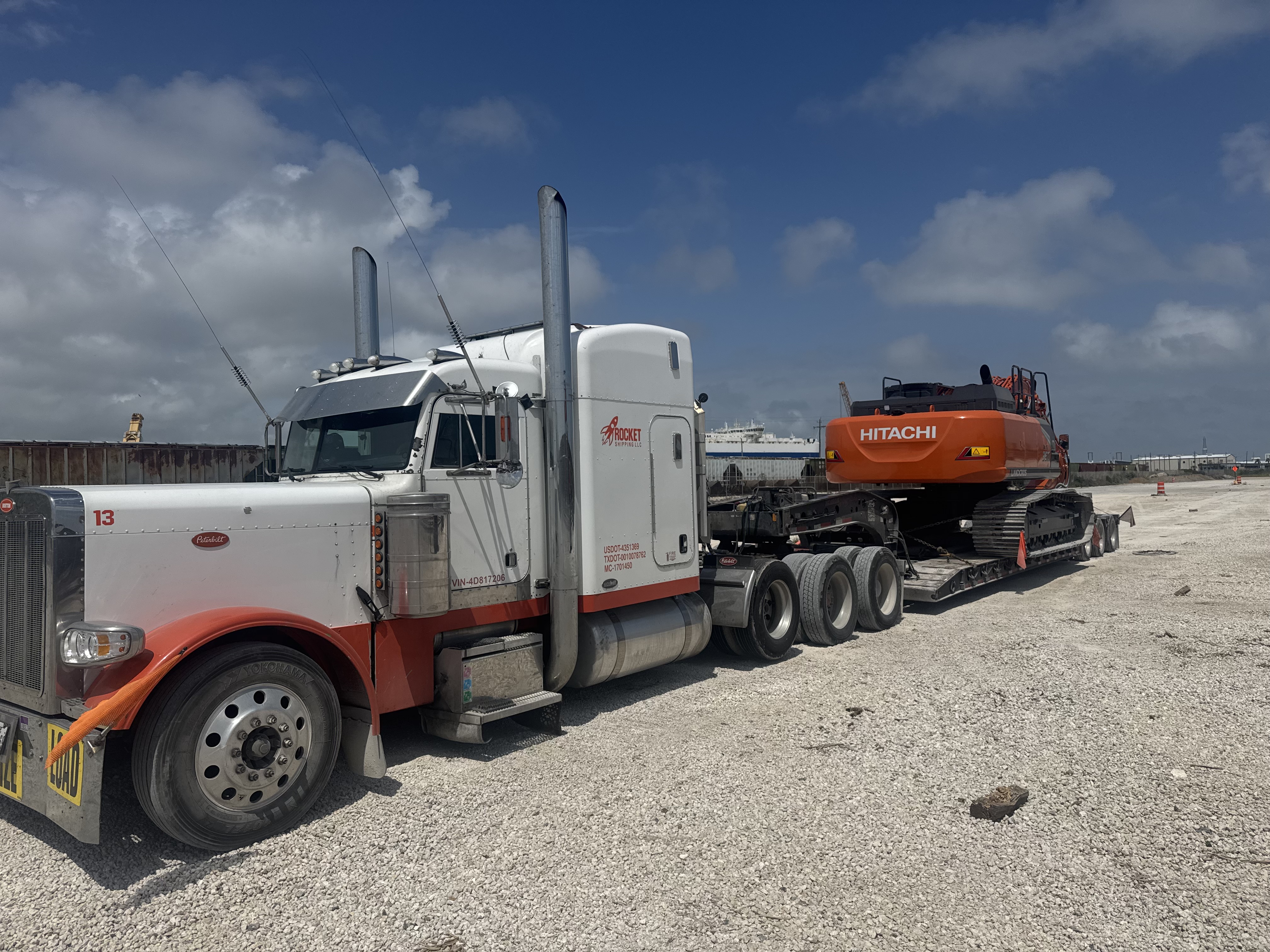 Robert 'Rocket' Miceli hauls heavy and specialized freight with this 2004 Peterbilt 379. This photo was taken when he picked up the Hitachi excavator stolen while his truck was in the shop for an engine repair.