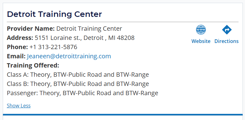 The DTC company's listing on the Federal Motor Carrier Safety Administration's Training Provider Registry shows a range of theory and behind-the-wheel training offered.