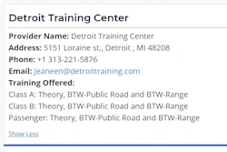 The DTC company's listing on the Federal Motor Carrier Safety Administration's Training Provider Registry shows a range of theory and behind-the-wheel training offered.