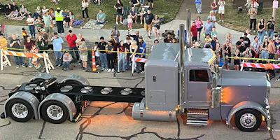 How's that for stance? Basse's most recent custom creation, a 2022 Peterbilt 389 viewed from above during Peterbilt's invitation-only Pride & Class Parade last fall in Denton, Texas, where Overdrive Senior Editor Matt Cole caught up the owner.