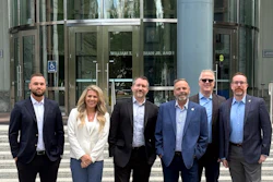 Outside DOT headquarters in Washington, D.C. Left to right: Alex Panfilov of Verified Carrier, Danielle Spinelli of GenLogs, Scott Cornell from TAPA, Dale Prax of FreightValidate, Tom Cornett with Descartes, and Shawn Rasmore from Truckstop.com. Also present were reps from Highway and The Bannon Report.