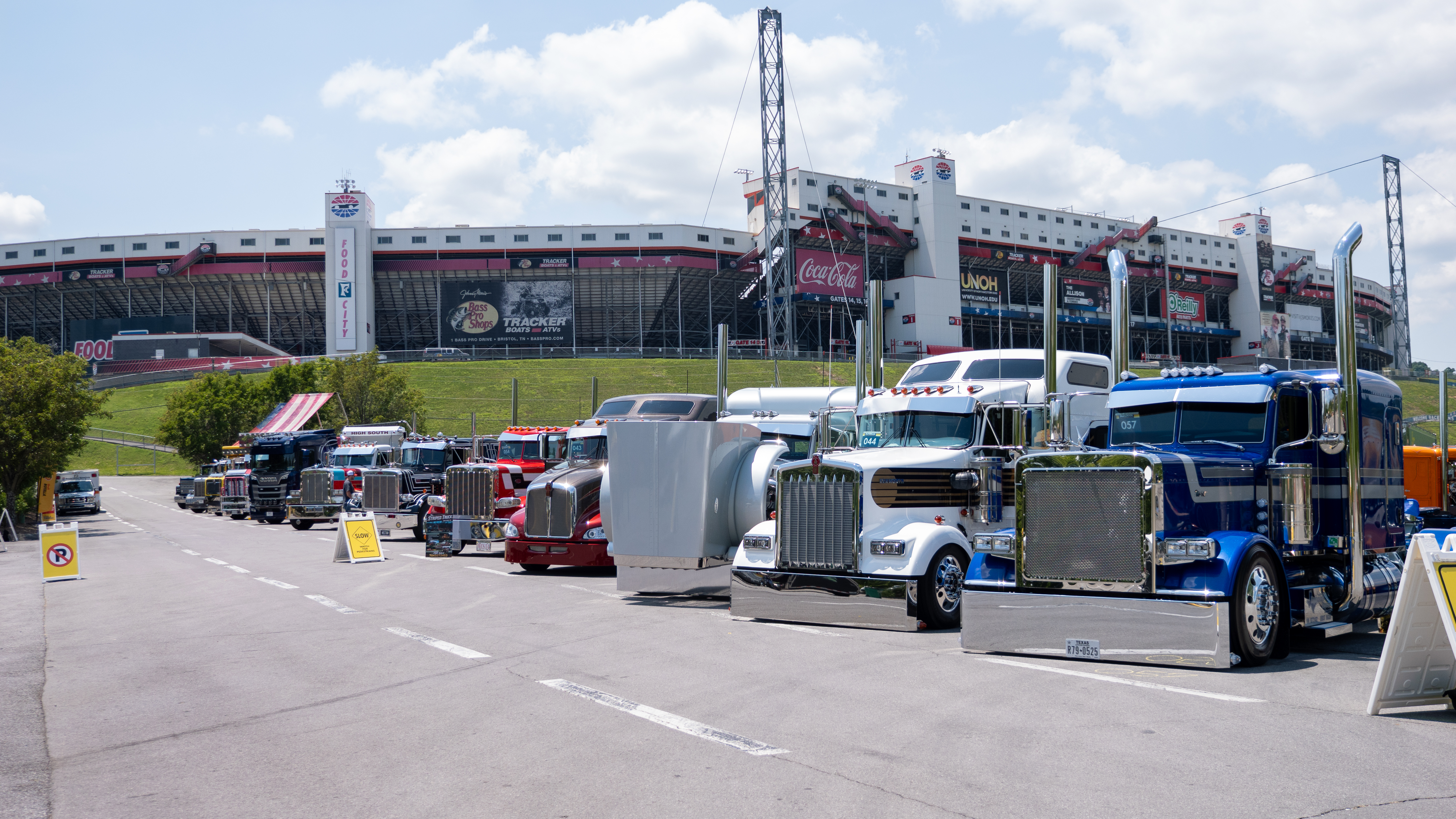 The annual Shell Rotella SuperRigs working truck show kicked off Thursday, June 25 and is ongoing through Saturday, June 27, at Bristol Motor Speedway in Northeast Tennessee. Working show trucks are shown here lined up with the speedway as the backdrop.
