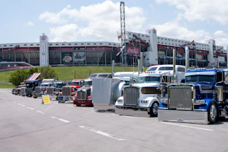 The annual Shell Rotella SuperRigs working truck show kicked off Thursday, June 25 and is ongoing through Saturday, June 27, at Bristol Motor Speedway in Northeast Tennessee. Working show trucks are shown here lined up with the speedway as the backdrop.