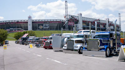The annual Shell Rotella SuperRigs working truck show kicked off Thursday, June 25 and is ongoing through Saturday, June 27, at Bristol Motor Speedway in Northeast Tennessee. Working show trucks are shown here lined up with the speedway as the backdrop.