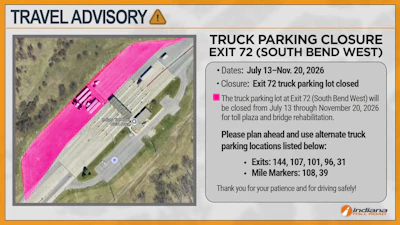 During this time, trucks will not be permitted to park at Exit 72. Other nearby truck parking lots along the toll road are at Exits 144, 107, 101, 96 and 31, along with mile markers 108 and 39.