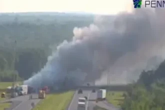 Aerial view from a Pennsylvania DOT camera of the crash scene that resulted in the death of Pennsylvania State Trooper Michael E. Pahira Jr.