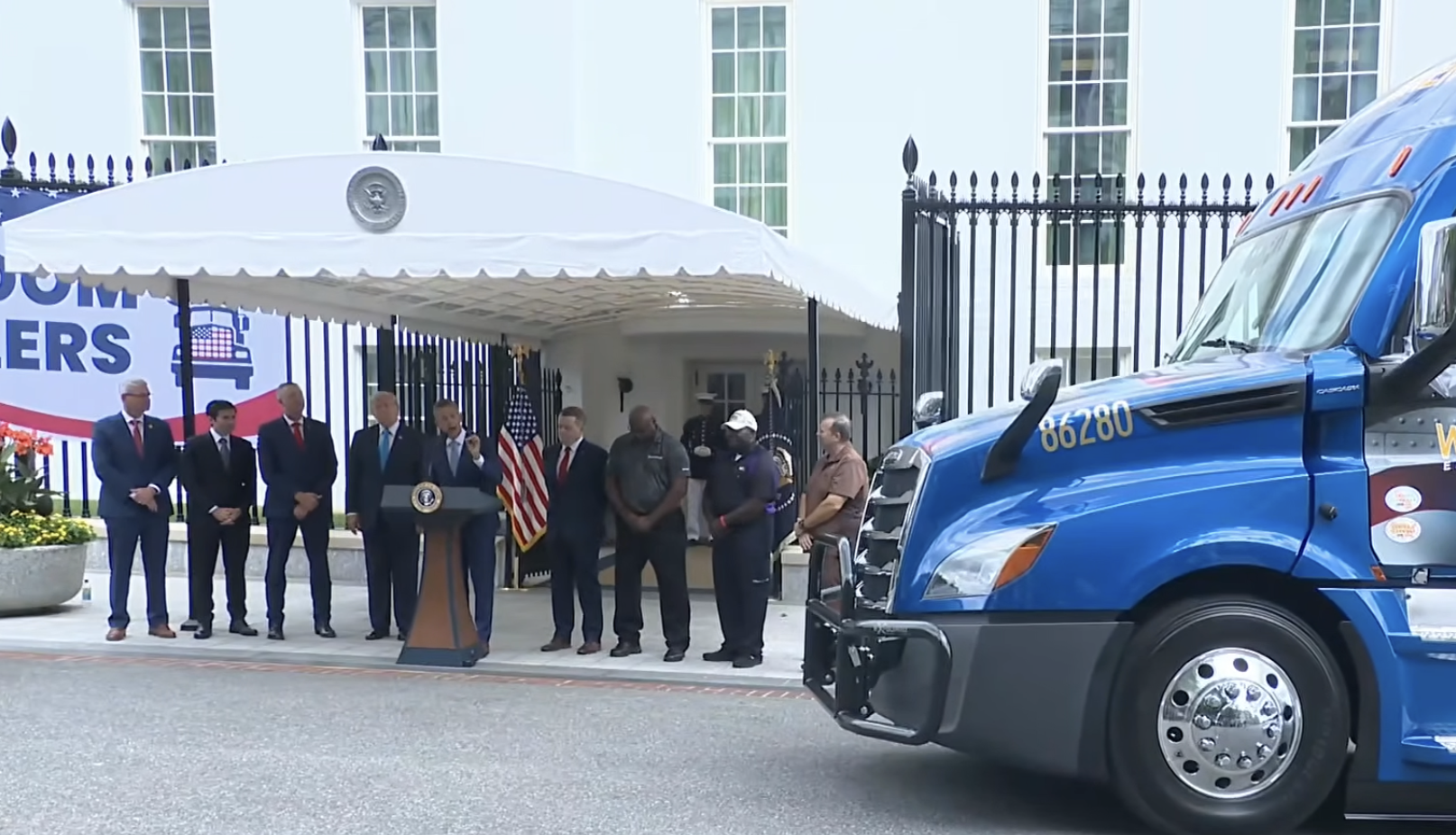 Military and civilian trucks staged at the White House on Thursday as President Trump, Transportation Secretary Sean Duffy and Werner President Nathan Meisgeier all spoke about the 'Freedom Haulers' initiative.