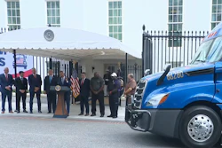 Military and civilian trucks staged at the White House on Thursday as President Trump, Transportation Secretary Sean Duffy and Werner President Nathan Meisgeier all spoke about the 'Freedom Haulers' initiative.