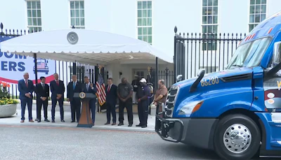 Military and civilian trucks staged at the White House on Thursday as President Trump, Transportation Secretary Sean Duffy and Werner President Nathan Meisgeier all spoke about the 'Freedom Haulers' initiative.