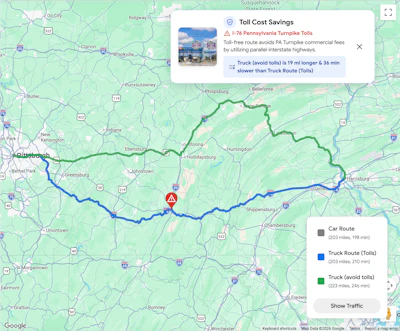 While the Routes API identifies the optimal path, the Navigation SDK delivers it inside a familiar Google Maps-style interface. Drivers receive seamless, turn-by-turn guidance within existing carrier apps, complete with real-time visual alerts for vehicle-specific constraints like height and weight limits.
