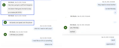 On the left, chat records between the Lupus Superior dispatcher and the C.H. Robinson rep show the broker knew about the driver's illness. On the right, chat records show the pair attempting to reschedule the load, but just a half hour later the driver, who continued driving, would crash.