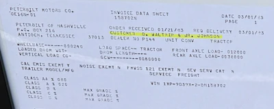 The paperwork shown here shows “D. Waltrip & JR. Johnson” as the customers of Peterbilt of Nashville for the purchase.