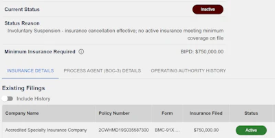 Reason for the involuntary suspension: 'No active insurance meeting minimum coverage on file,' as shown in this screenshot. Yet note the 'active' status at the bottom right next to Crise's insurance policy in the system.