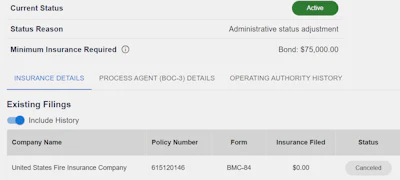 Here's a screengrab of the operaing authority page for the nonexistent A&J brokerage -- note no active bond on file, yet authority status (top right) is 'active'? If you can make sense of it, we're all ears!